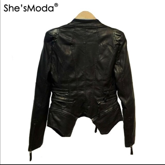 Studded Shoulder Pads Spliced Snake Double Lapels Zipper Dovetail Faux Leather - Picture 6 of 6